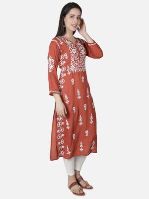 Orange embroidered cotton chikankari-kurtis 3