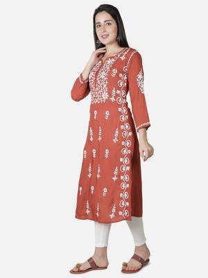 Orange embroidered cotton chikankari-kurtis 4