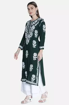 Green embroidered cotton chikankari-kurtis