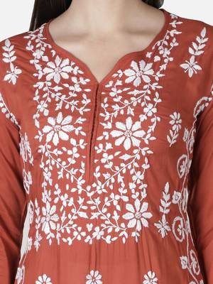 Orange embroidered cotton chikankari-kurtis 5