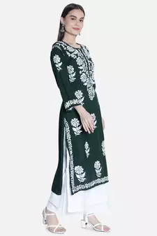 Green embroidered cotton chikankari-kurtis
