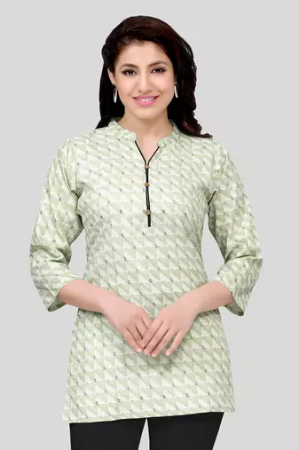 Green printed cotton poly short-kurtis