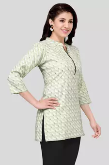 Green printed cotton poly short-kurtis