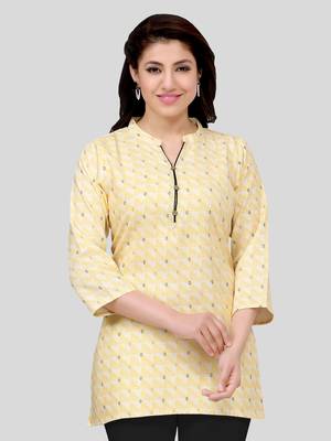 Yellow printed cotton poly short-kurtis 1