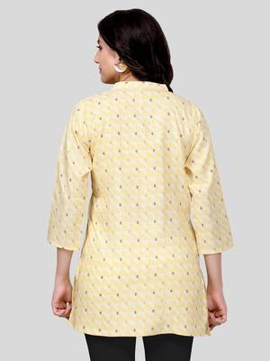 Yellow printed cotton poly short-kurtis 2