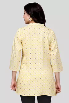 Yellow printed cotton poly short-kurtis