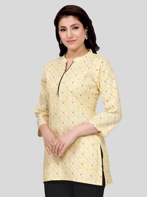 Yellow printed cotton poly short-kurtis 3