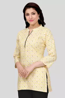 Yellow printed cotton poly short-kurtis