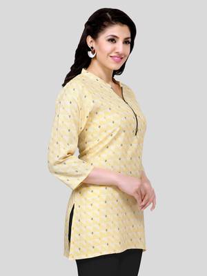 Yellow printed cotton poly short-kurtis 4
