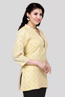 Yellow printed cotton poly short-kurtis