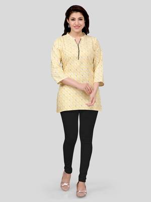Yellow printed cotton poly short-kurtis 5