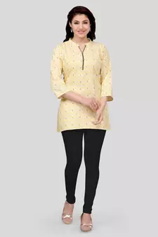 Yellow printed cotton poly short-kurtis