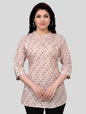 Peach printed crepe short-kurtis 1