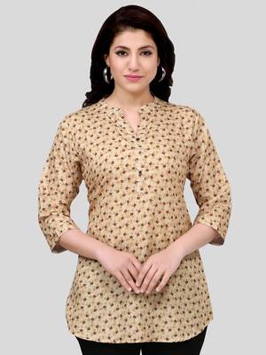 Beige printed crepe short-kurtis 1