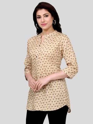 Beige printed crepe short-kurtis 3