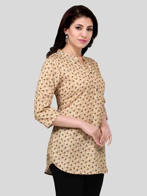 Beige printed crepe short-kurtis 4