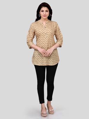 Beige printed crepe short-kurtis 5