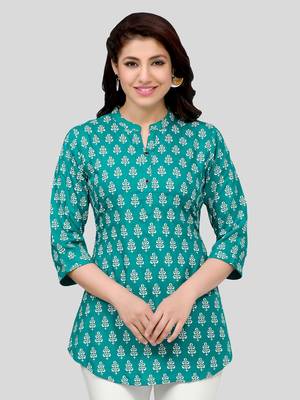 Sea-green printed rayon short-kurtis 1