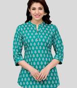 Sea-green printed rayon short-kurtis