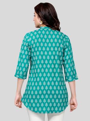Sea-green printed rayon short-kurtis 2
