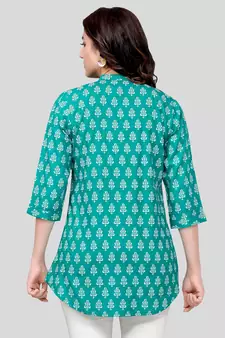 Sea-green printed rayon short-kurtis