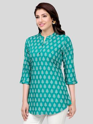 Sea-green printed rayon short-kurtis 3