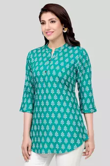 Sea-green printed rayon short-kurtis