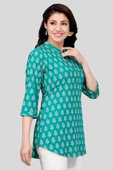 Sea-green printed rayon short-kurtis
