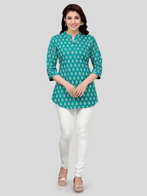 Sea-green printed rayon short-kurtis 5