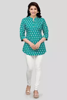Sea-green printed rayon short-kurtis
