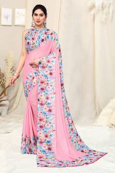 Pink printed georgette saree with blouse