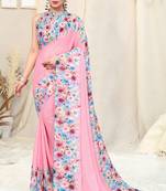Pink printed georgette saree with blouse
