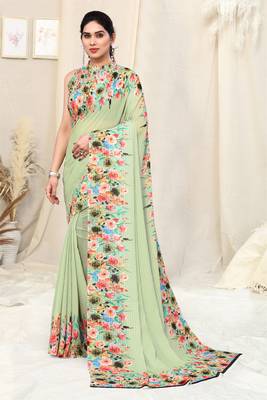 Green printed georgette saree with blouse 1