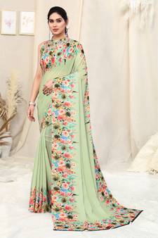 Green printed georgette saree with blouse