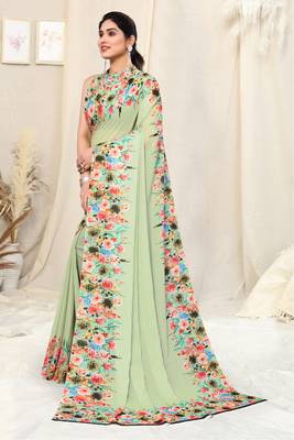 Green printed georgette saree with blouse 3