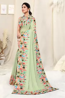 Green printed georgette saree with blouse