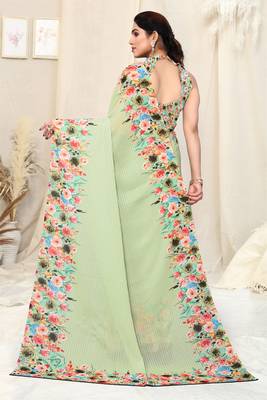 Green printed georgette saree with blouse 4