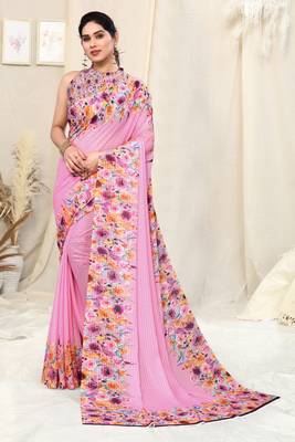 Pink printed georgette saree with blouse 1