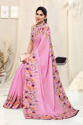 Pink printed georgette saree with blouse 2