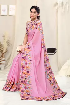 Pink printed georgette saree with blouse