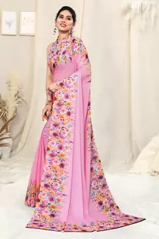 Pink printed georgette saree with blouse