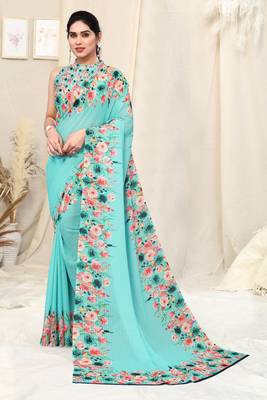 Teal printed georgette saree with blouse 1