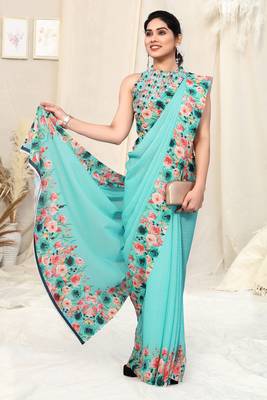 Teal printed georgette saree with blouse 2