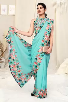 Teal printed georgette saree with blouse