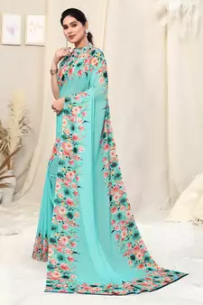 Teal printed georgette saree with blouse