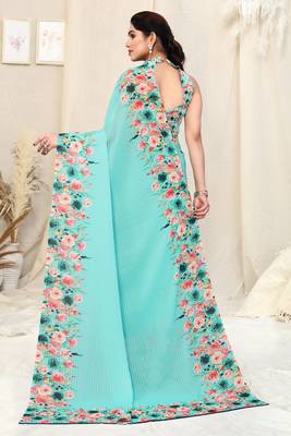 Teal printed georgette saree with blouse 4