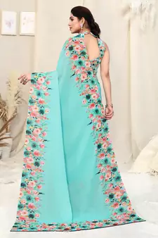 Teal printed georgette saree with blouse
