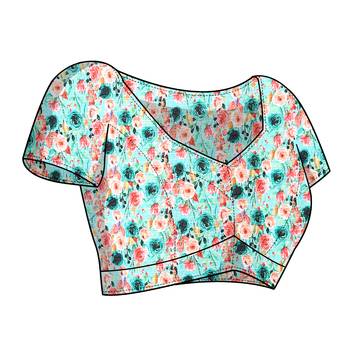 Teal printed georgette saree with blouse 5
