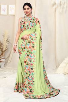 Green printed georgette saree with blouse