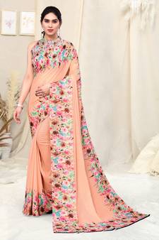 Peach printed georgette saree with blouse